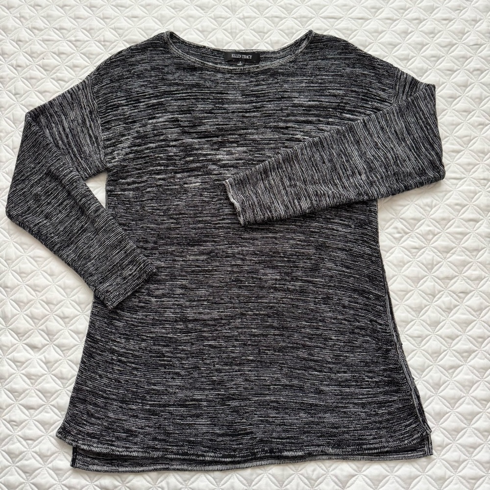 Ellen Tracy Marled Knit Crewneck Pullover Tunic Sweater Black Ivory Size L